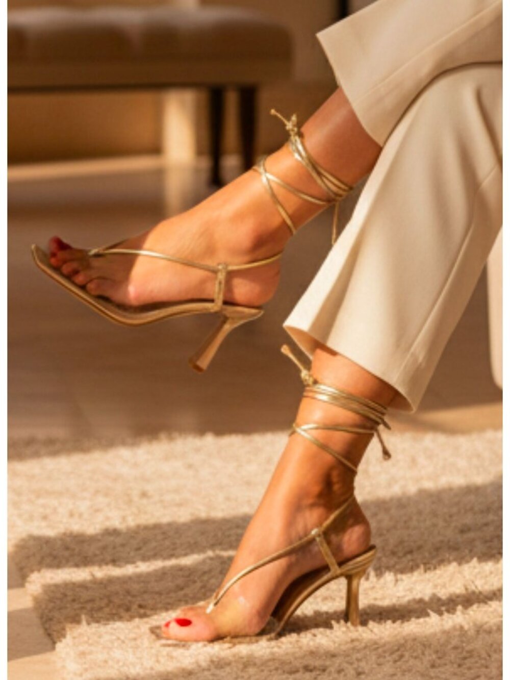 Gold Strappy Lace-Up Heeled Sandals With Clear Toe Strap For Women